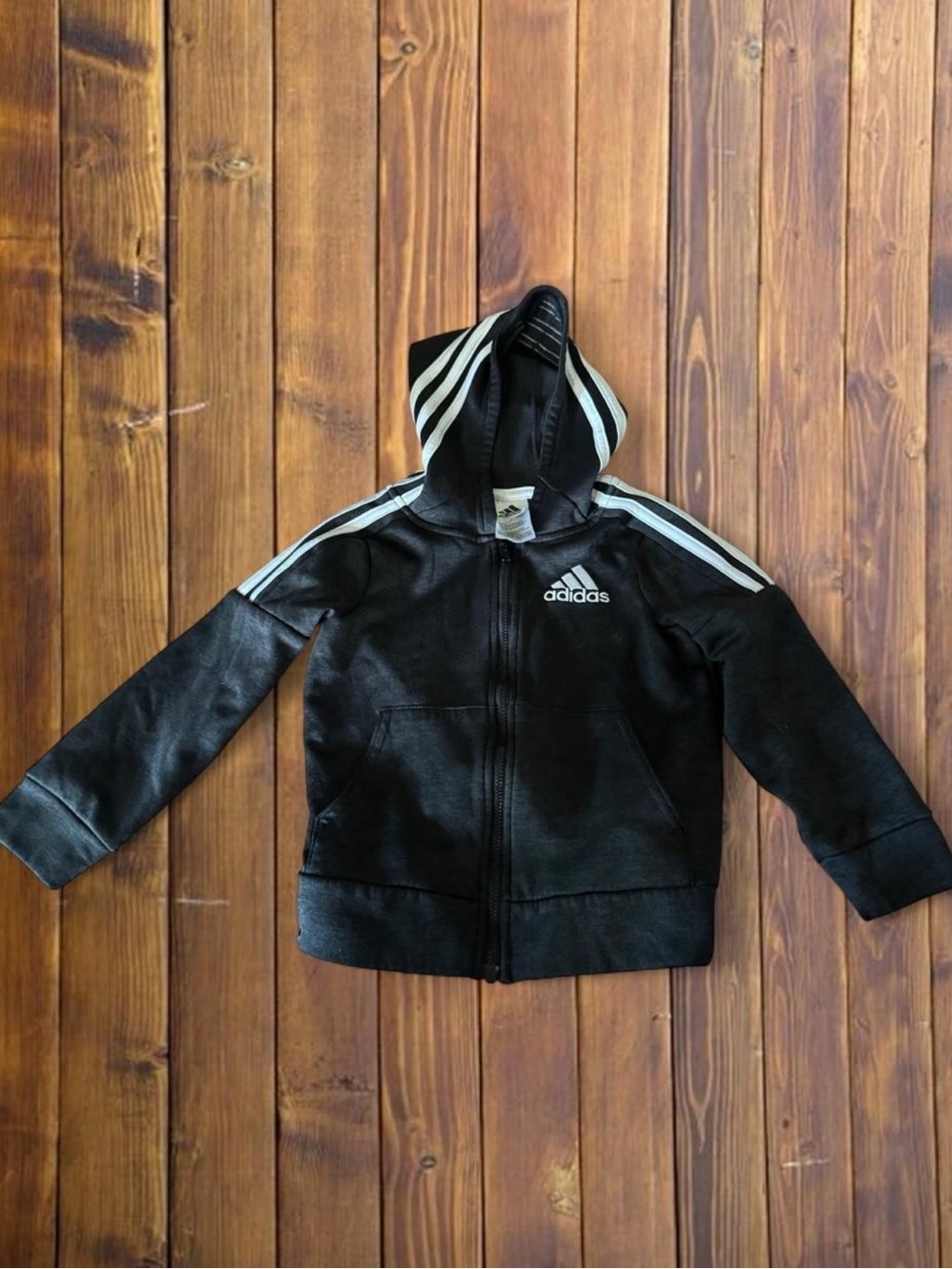 Adidas Black Hoodie with White Stripes and Logo • Kid’s Size 5